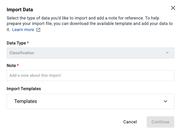 import data dialog classifications