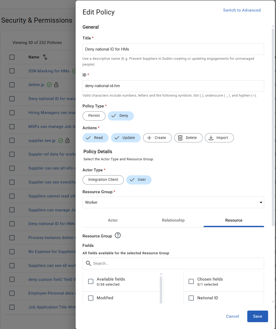 Edit Policy window showing a Deny policy with National ID chosen on the Resource tab