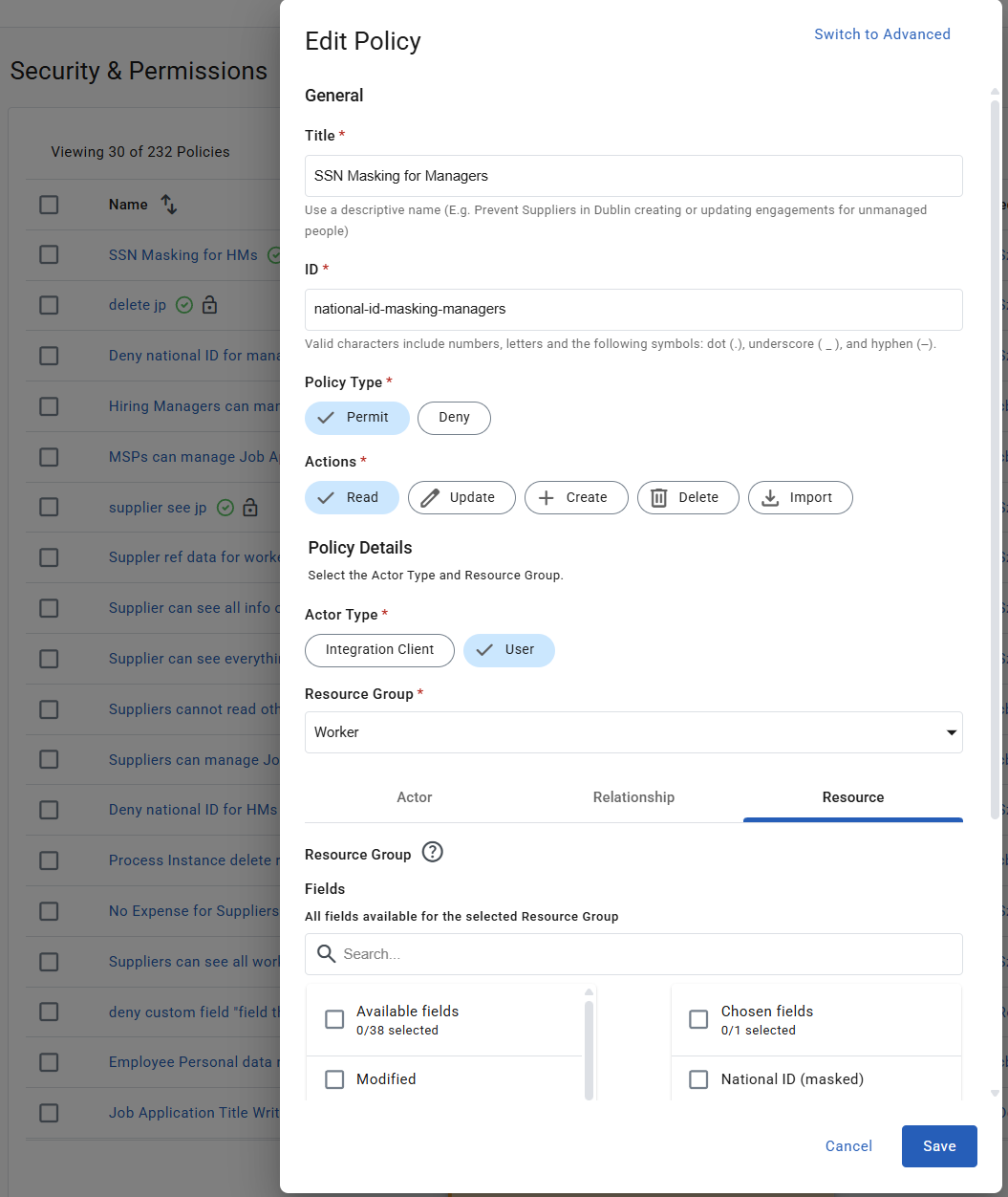 Edit Policy window showing a Permit policy with National ID (masked) chosen on the Resource tab