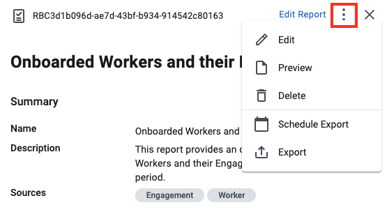 scheduling reports actions menu options