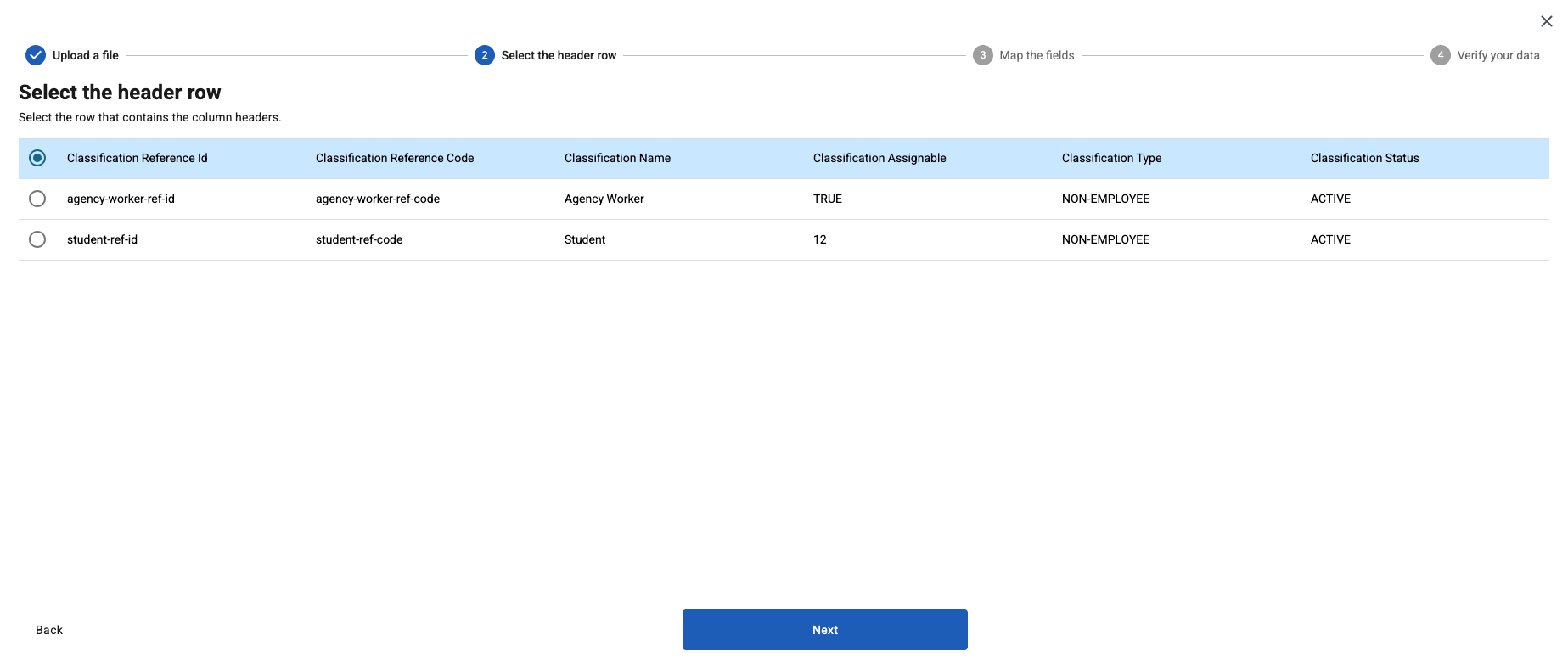 select header row classifications