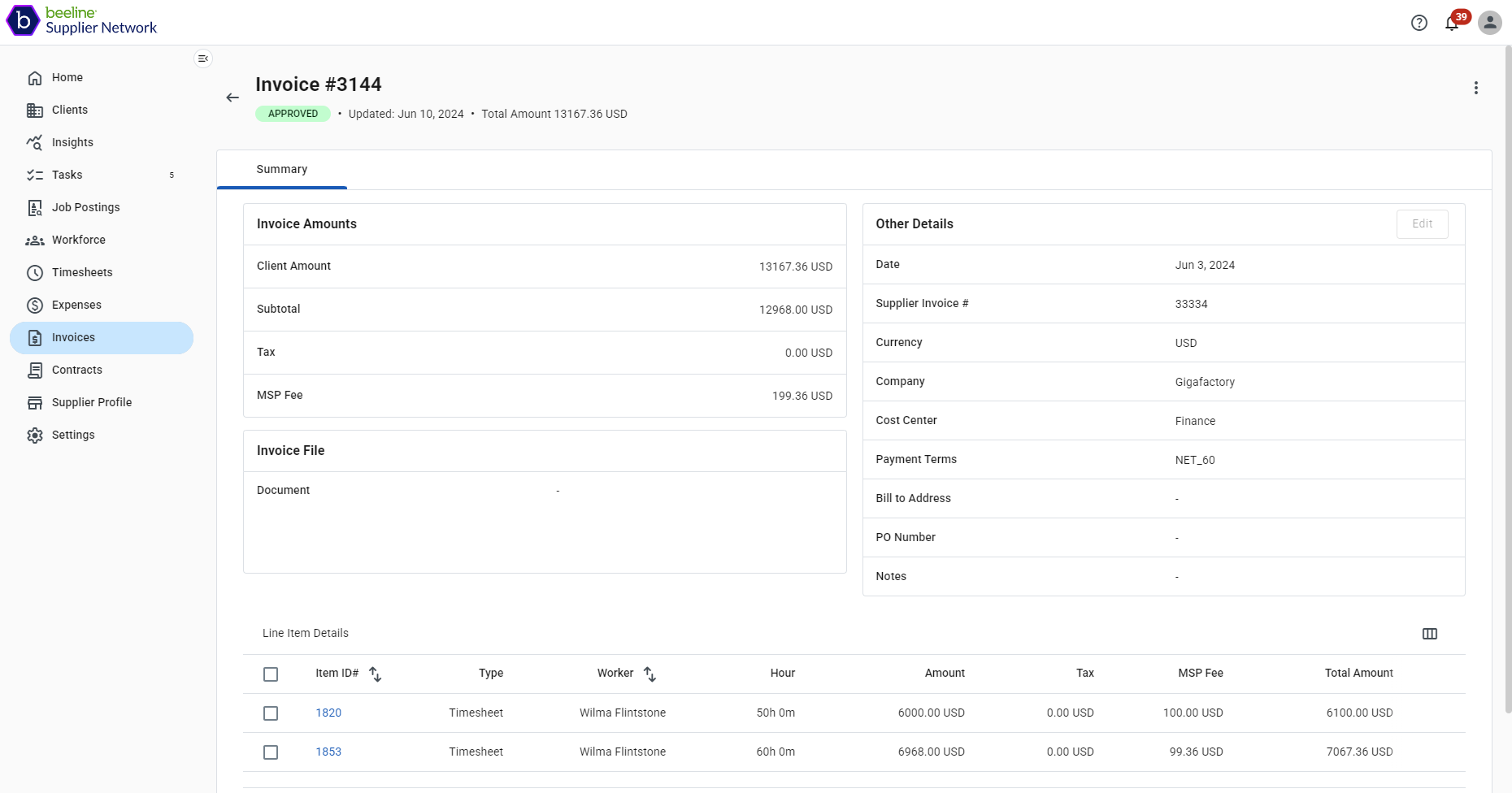 supplier view invoice with tax and fee